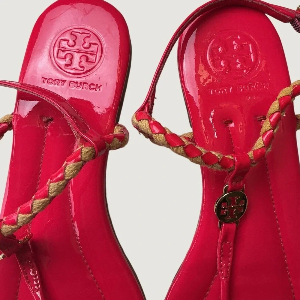 Tory Burch Miller Braided Pink Patent Leather Thong Ankle Strap Sandals 6M
